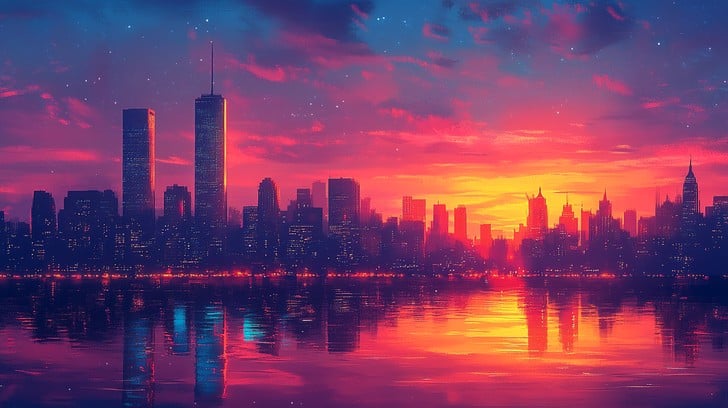 Coastal town at sunset